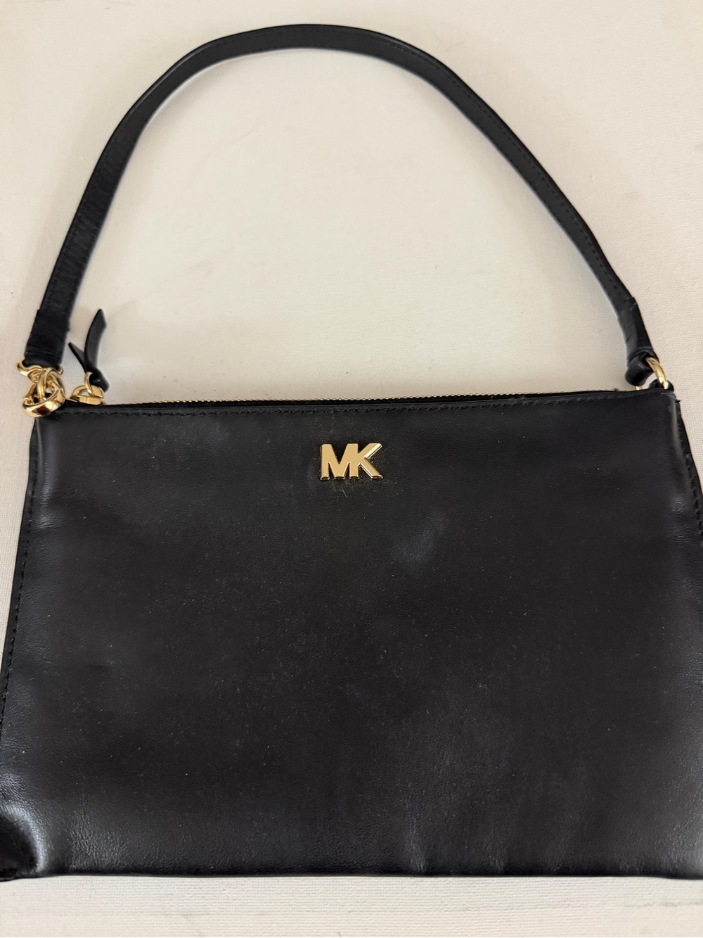 Michael Kors Black Leather Shoulder Bag with Gold MK Logo